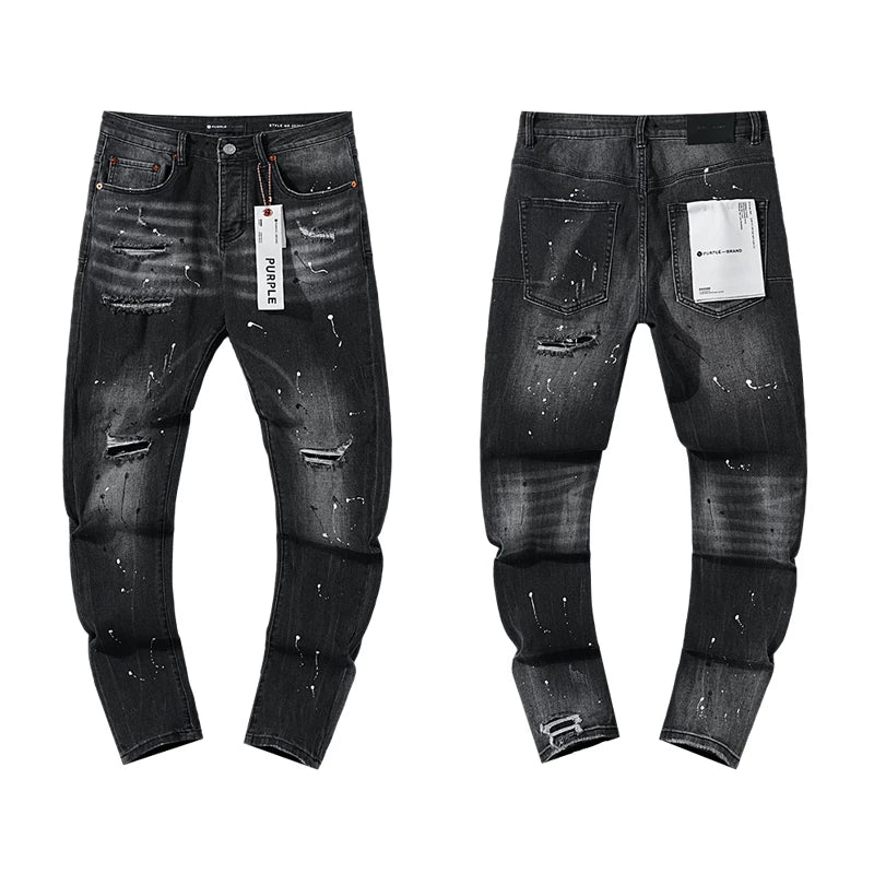 Ripped Paint-Splatter Black Slim Denim Jeans Streetwear Pants