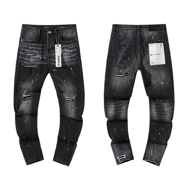 Ripped Paint-Splatter Black Slim Denim Jeans Streetwear Pants Hover Image