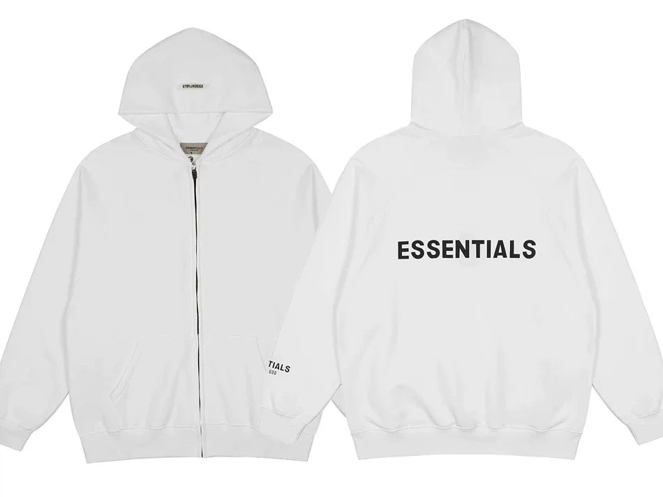 Fog Essentials White Oversized Full‑Zip Hoodie Bold Black Back “ESSENTIALS” Print