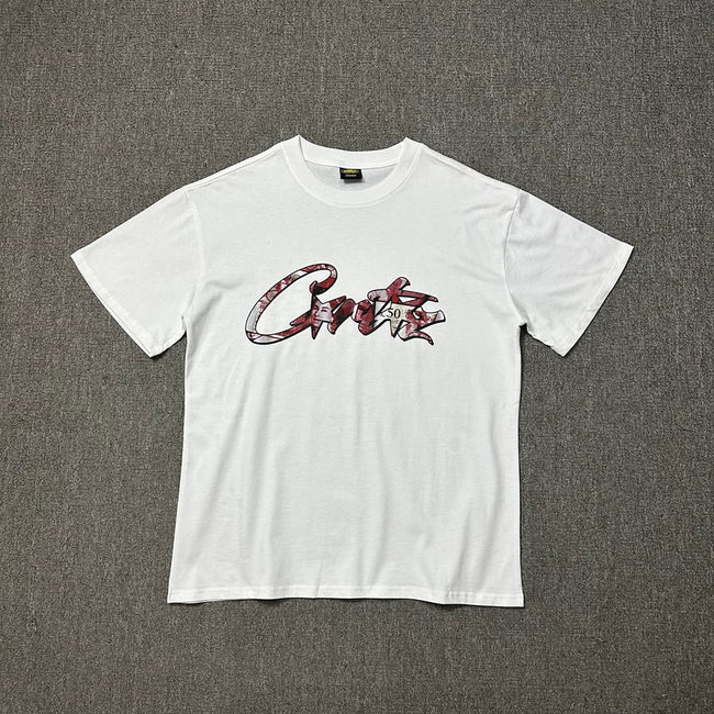 Corteiz Flame Script Logo White T-Shirt — Bold Streetwear Tee with Fiery Handstyle Print Hover Image