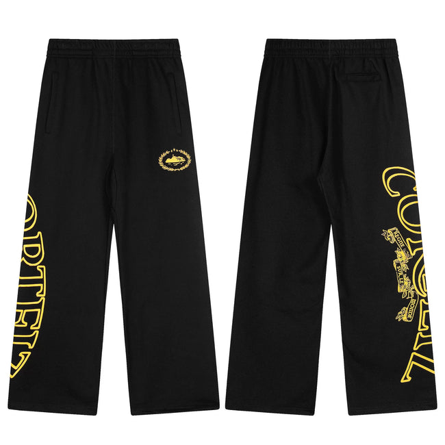 Black Graphic Straight-Leg Sweatpants | Luxury Streetwear Pants with Gold Side Print Detail Hover Image