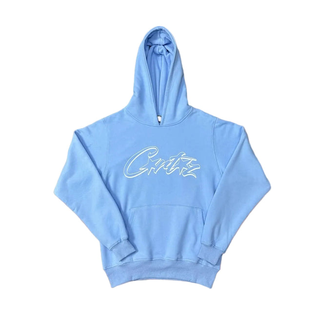 Sky Blue Script Logo Hoodie – Oversized Streetwear Pullover Sweatshirt Hover Image