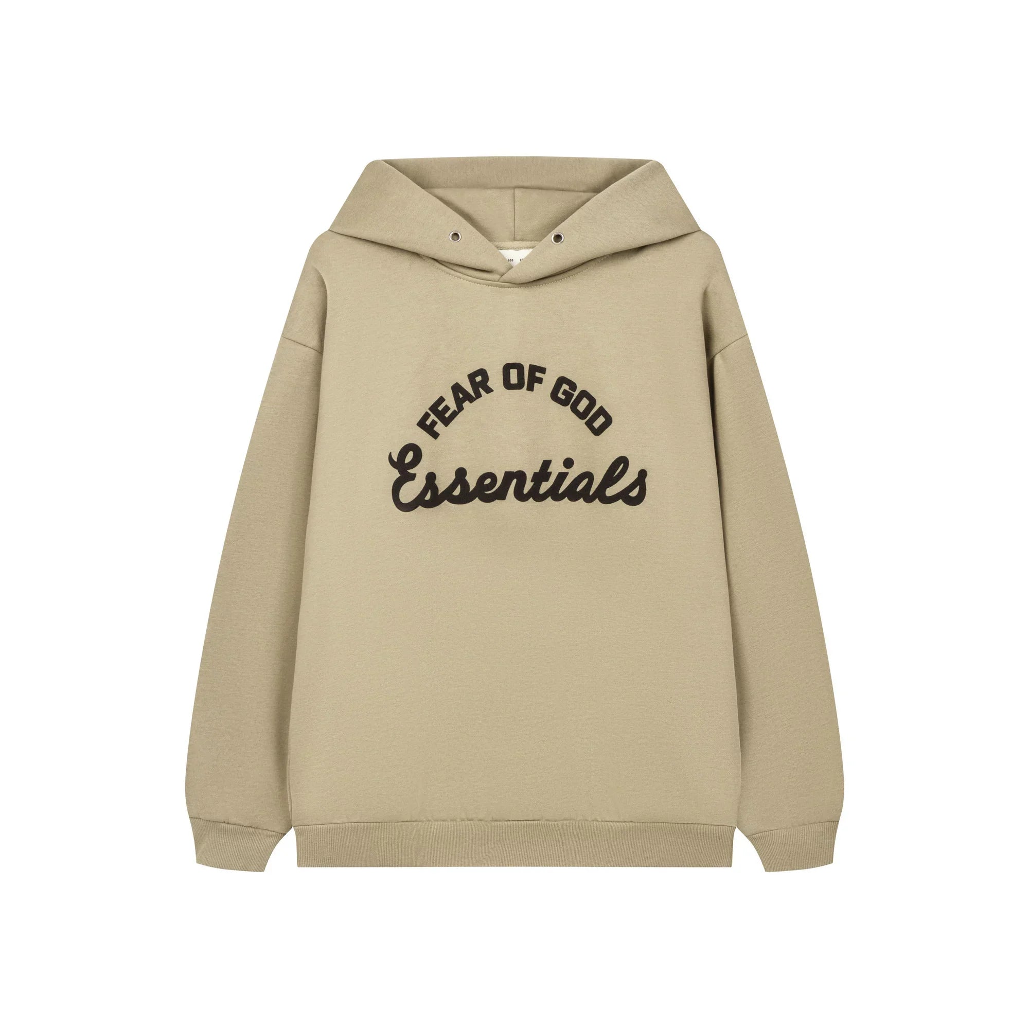 Fog Essentials Warm Neutral‑Tone Tan Loose‑Fit Pullover Hoodie With Chest Embroidery