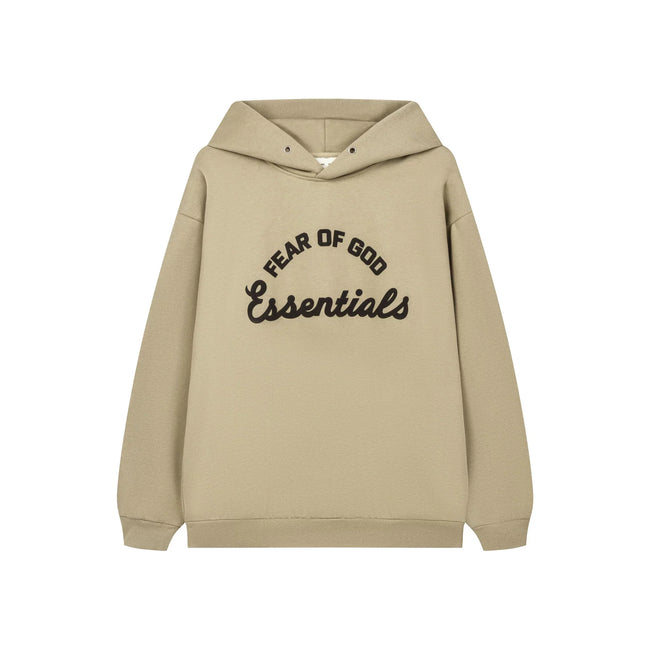 Fog Essentials Warm Neutral‑Tone Tan Loose‑Fit Pullover Hoodie With Chest Embroidery Hover Image