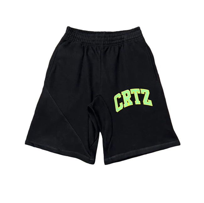 Corteiz “CRTZ” Black Shorts — Neon Graphic Print on Relaxed Streetwear Fit Hover Image