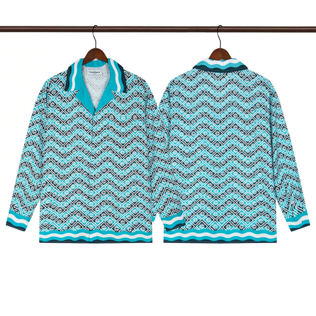 Casablanca Zigzag Wave Knit Button-Down Shirt - Turquoise / Blue Hover Image