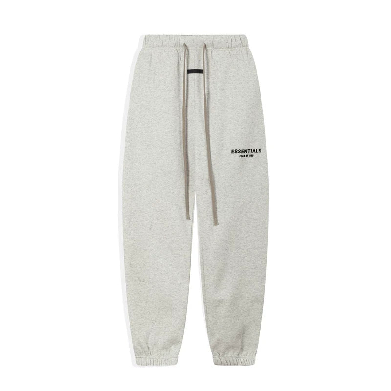 Fog Essentials Black‑Logo Light Oat Heather‑Grey Relaxed‑Fit Tapered Sweatpants