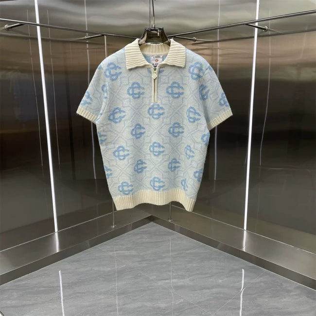 Casablanca Monogram Tile Knit Polo Shirt - Light Blue / Cream Hover Image