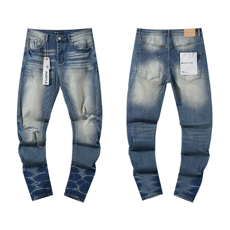 Vintage Washed Ripped Blue Slim Denim Jeans Streetwear Pants