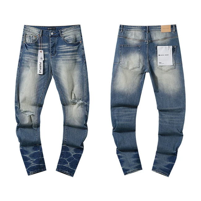 Vintage Washed Ripped Blue Slim Denim Jeans Streetwear Pants Hover Image
