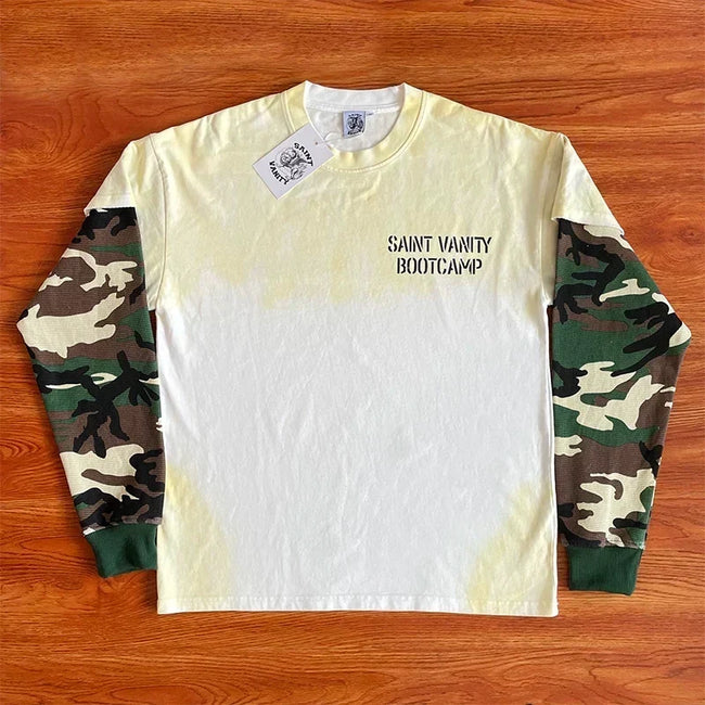 SAINT VANITY Camouflage Spliced Sleeve Fake Two piece Long sleeved T-shirt European and American Trendy Main Image