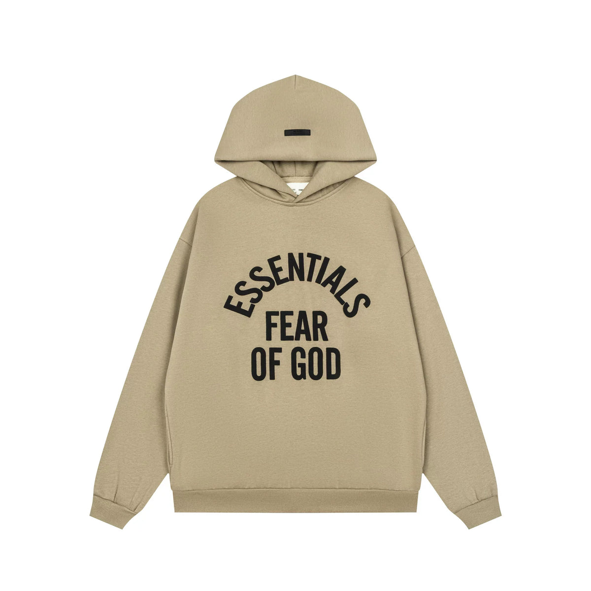 Fog Essentials Khaki Relaxed‑Fit Graphic Print Hooded Sweatshirt Unisex Pullover