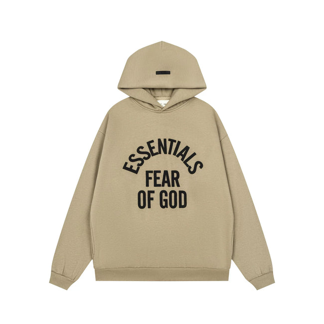 Fog Essentials Khaki Relaxed‑Fit Graphic Print Hooded Sweatshirt Unisex Pullover Hover Image