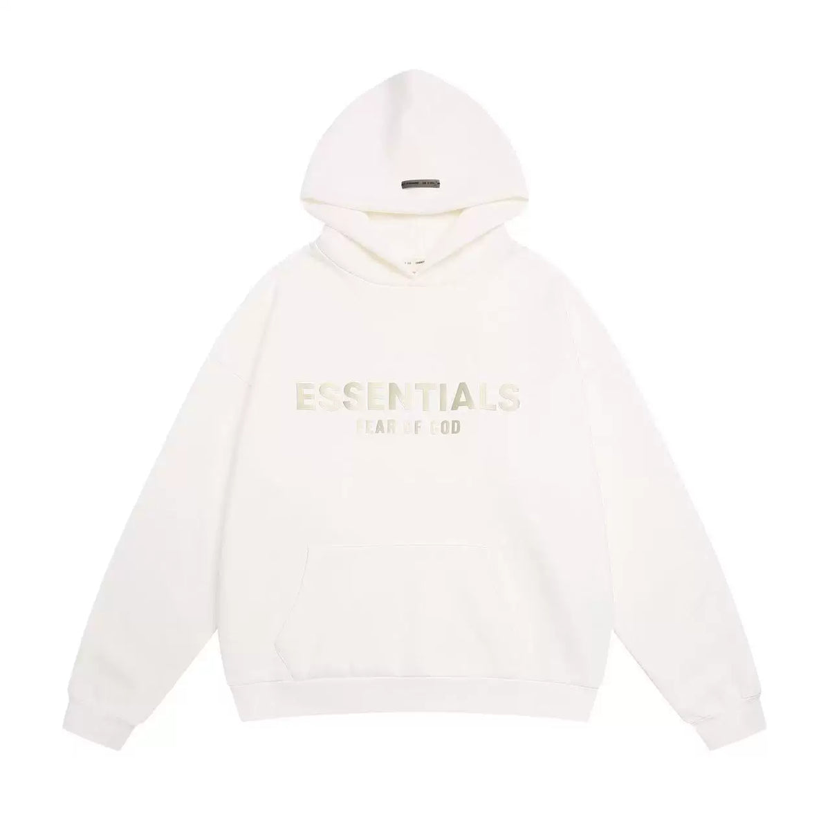Fog Essentials Cream Off‑White Subtle Metallic Logo Hoodie, Relaxed‑Fit Neutral Pullover Sweatshirt