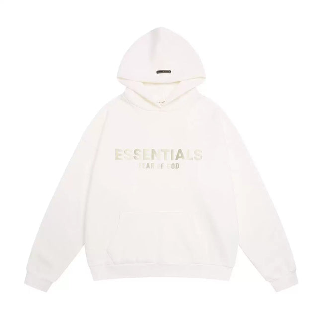 Fog Essentials Cream Off‑White Subtle Metallic Logo Hoodie, Relaxed‑Fit Neutral Pullover Sweatshirt Hover Image