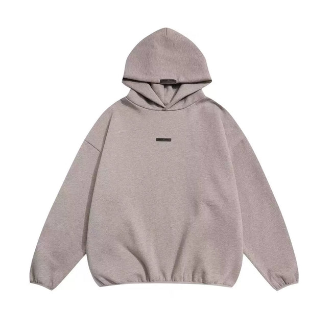 Fog Essentials Dusty Mauve Small‑Label Minimalist Hoodie, Loose‑Fit Plain Hooded Pullover Hover Image