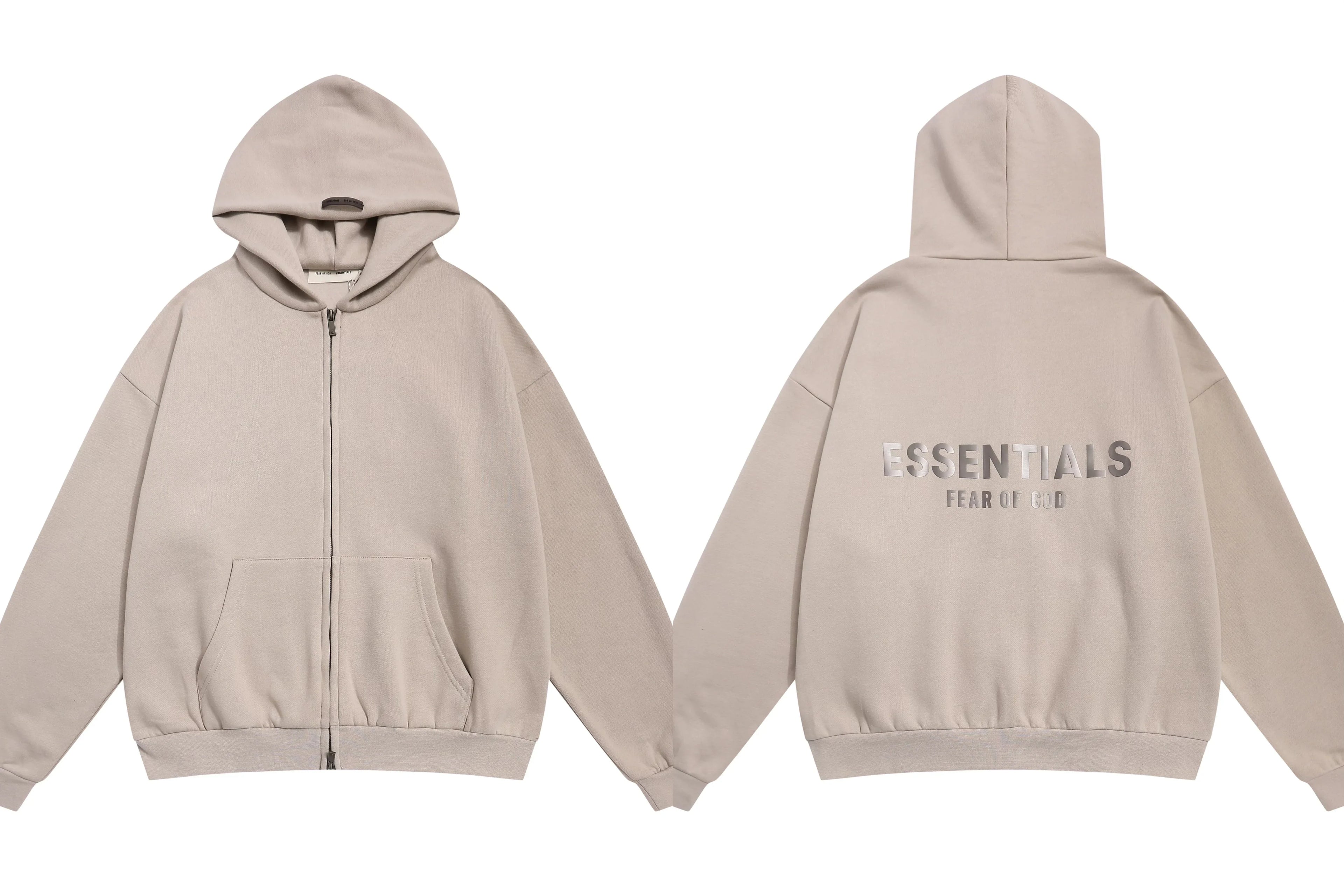 Fog Essentials Light Taupe Zip‑Up Hoodie, Metallic Silver Back Logo Oversized Street Jacket