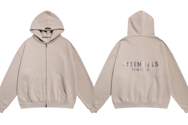 Fog Essentials Light Taupe Zip‑Up Hoodie, Metallic Silver Back Logo Oversized Street Jacket Hover Image