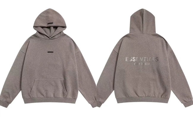 Fog Essentials Muted Dark‑Tone Back Print Hoodie, Drop‑Shoulder Cozy Loose Sweatshirt Hover Image