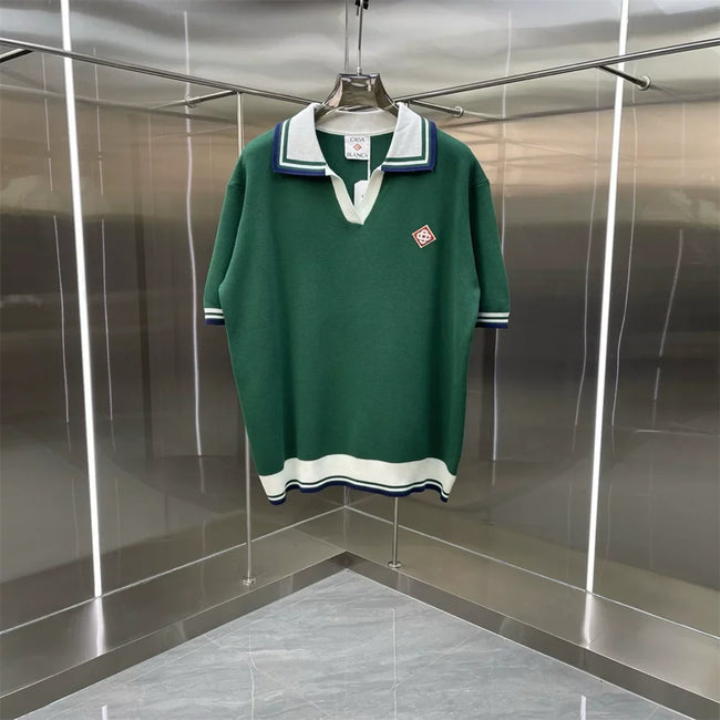 Casablanca Contrast Collar Knit Polo Shirt - Dark Green / White Hover Image