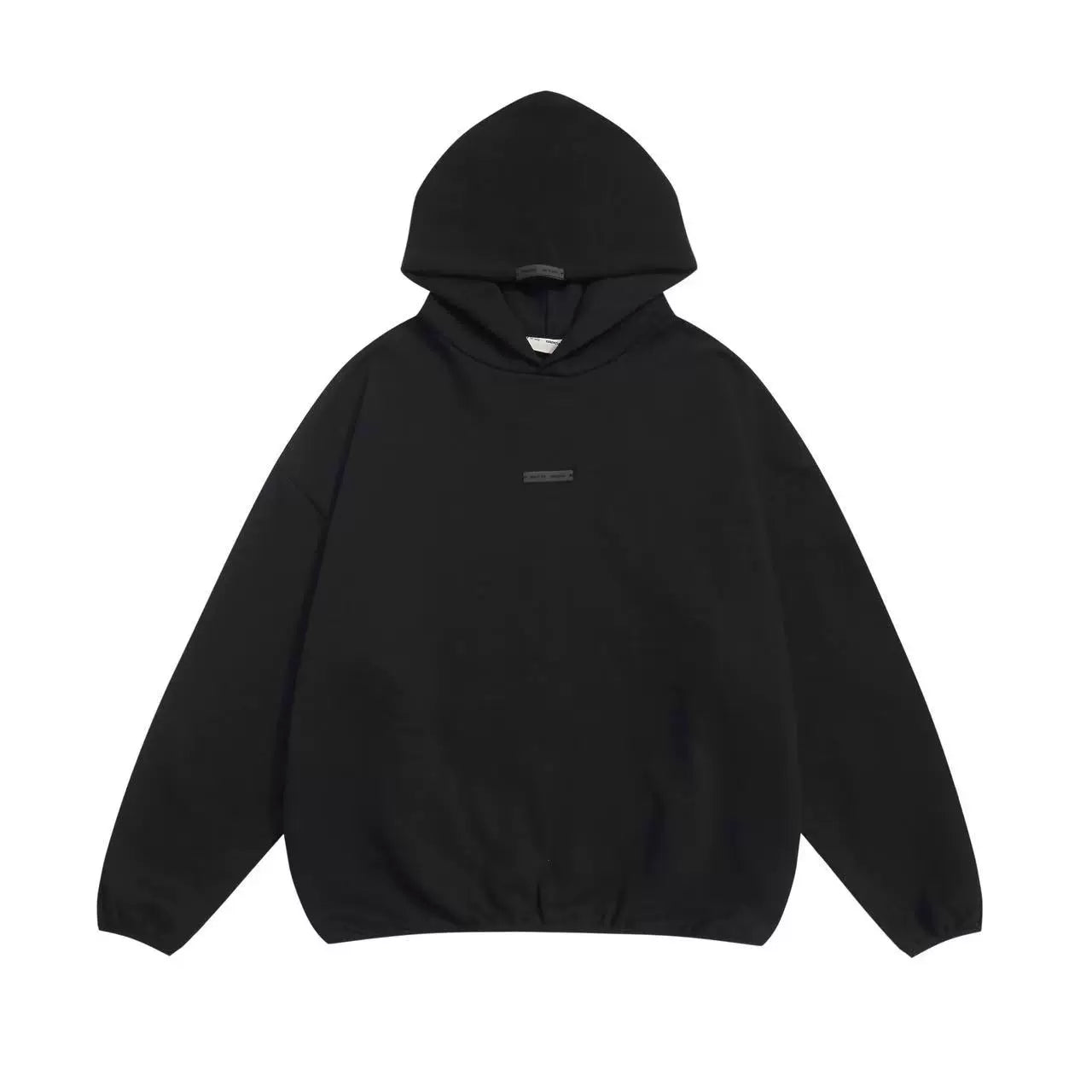 Fog Essentials Plain Black Tiny Tag Hoodie, Oversized Minimal Street‑Wear Pullover Sweatshirt