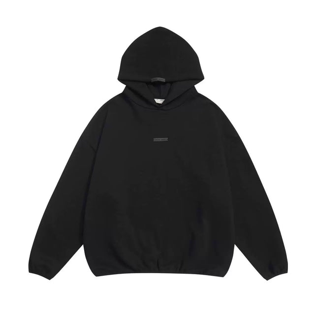 Fog Essentials Plain Black Tiny Tag Hoodie, Oversized Minimal Street‑Wear Pullover Sweatshirt Hover Image
