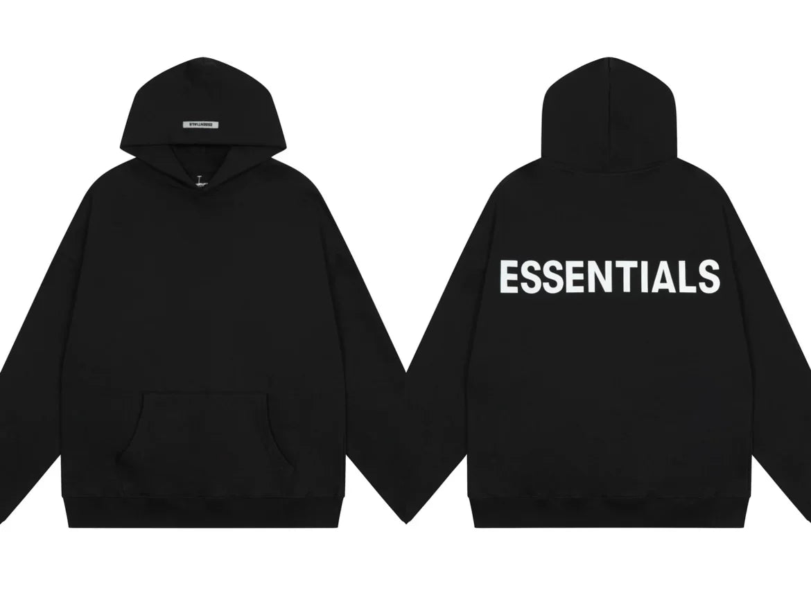 Fog Essentials Black Oversized Hoodie With Bold White ESSENTIALS Chest Logo