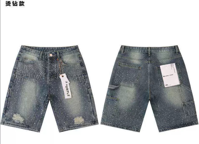 Sunburst Rhinestone Distressed Light‑Wash Denim Shorts Hover Image