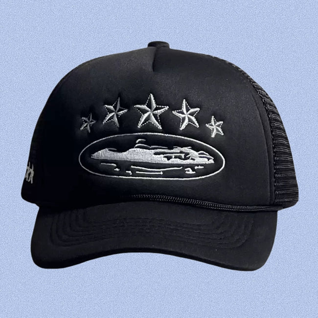Black Vintage Trucker Cap | Embroidered Streetwear Hat Hover Image