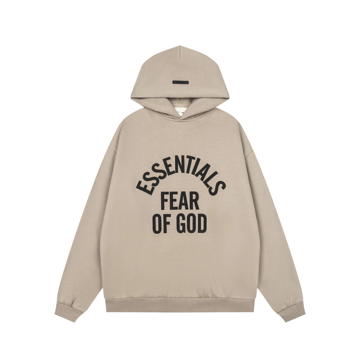Fog Essentials Beige Oversized Arch Logo Pullover Hoodie Drop‑Shoulder Street Sweatshirt