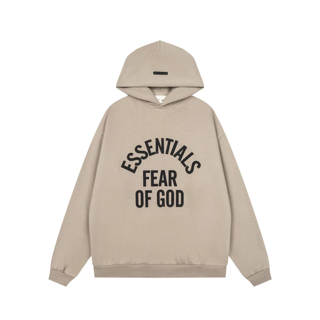 Fog Essentials Beige Oversized Arch Logo Pullover Hoodie Drop‑Shoulder Street Sweatshirt Hover Image