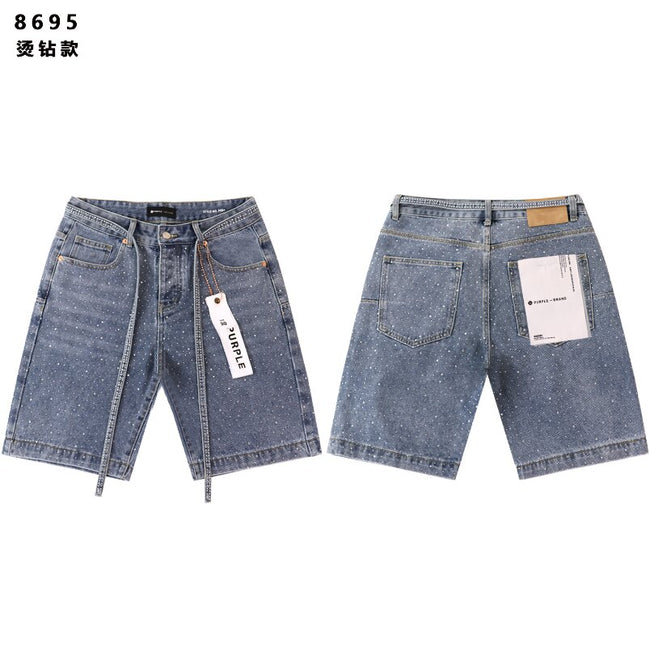 All‑Over Rhinestone Light‑Wash Denim Shorts Hover Image