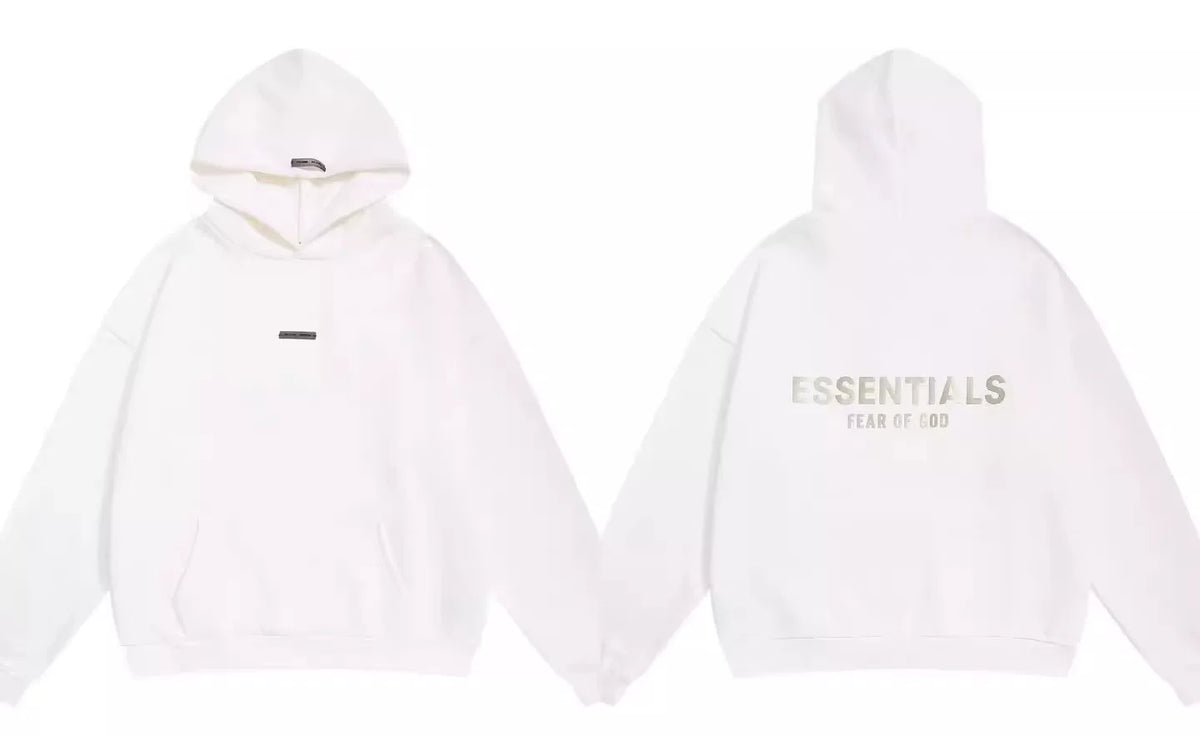 Fog Essentials Cream Off‑White Minimalist Hoodie, Oversized Neutral Street‑Wear Pullover