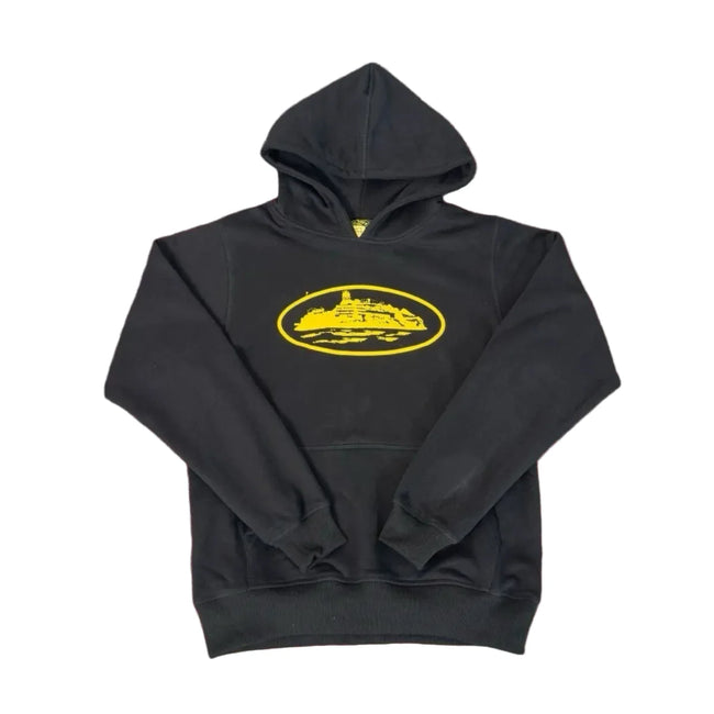 Corteiz Alcatraz Black Hoodie — Signature Yellow Oval Logo on Classic Streetwear Pullover Hover Image