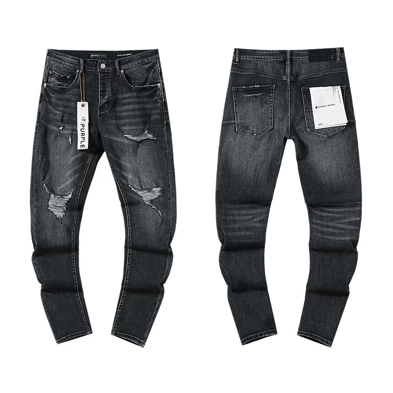 Multi‑Ripped Dark Grey Slim Denim Jeans Streetwear Pants