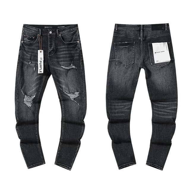 Multi‑Ripped Dark Grey Slim Denim Jeans Streetwear Pants Hover Image