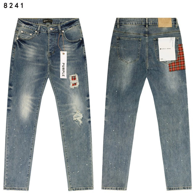 Distressed Jeans With Red Plaid Patch & Splatter Details Hover Image