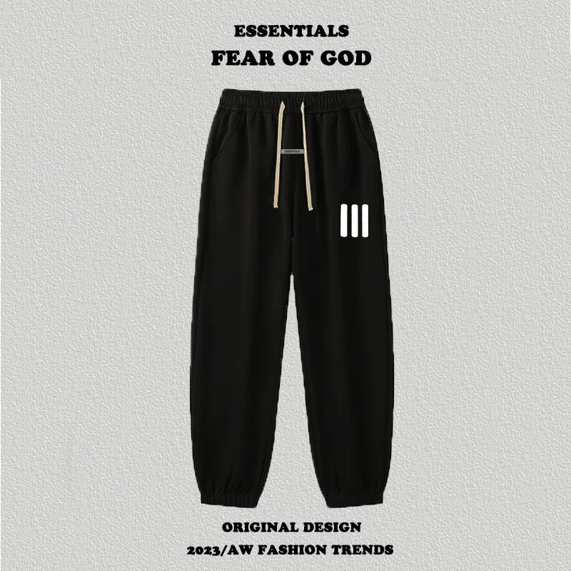 Fog Essentials Black Jogger Pants Side Strip Print Streetwear Sweatpants