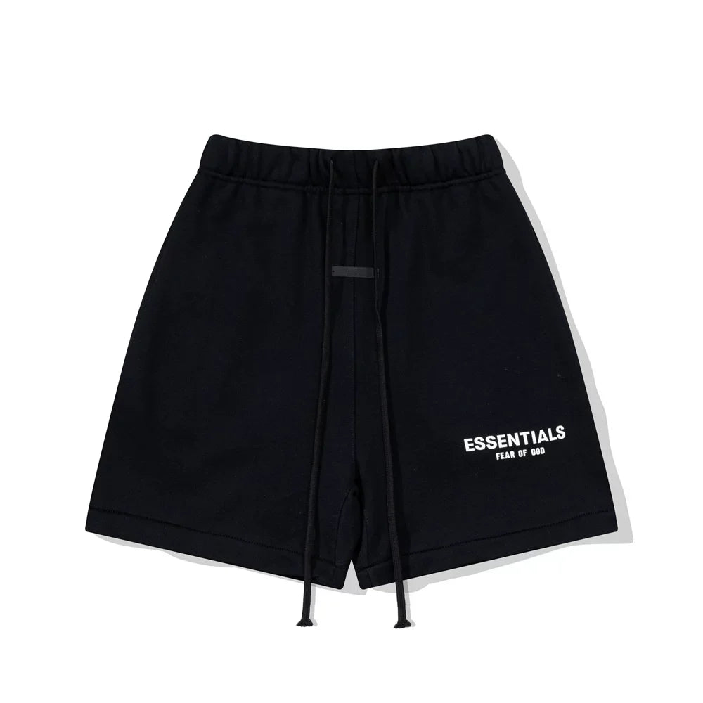 Fog Essentials Black Elastic Waist Drawstring White Logo Print Casual Street‑Wear Sweat Shorts