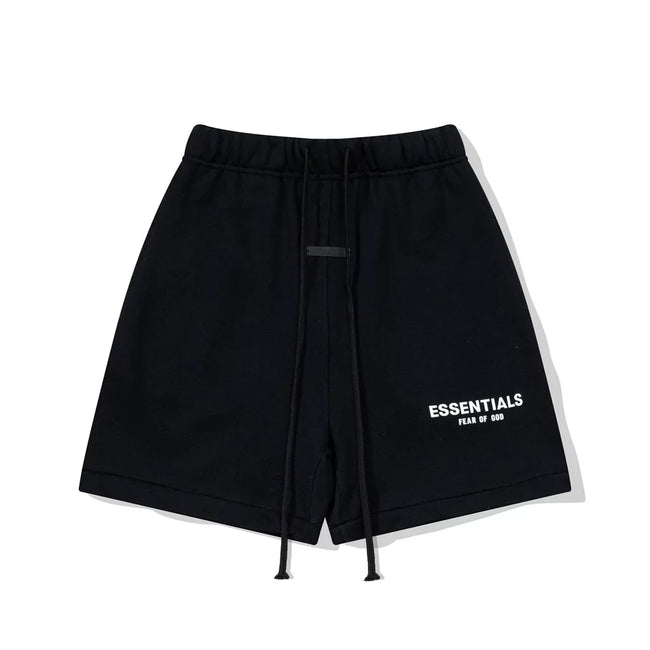 Fog Essentials Black Elastic Waist Drawstring White Logo Print Casual Street‑Wear Sweat Shorts Hover Image
