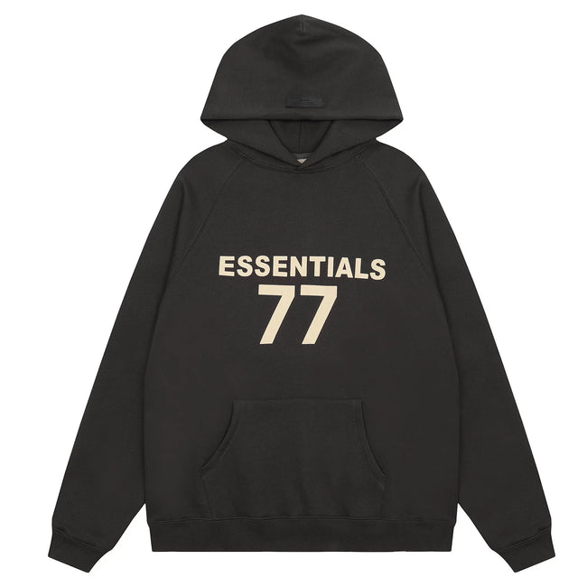 Fog Essentials Black Oversized Hoodie “ESSENTIALS 77” Chest Logo Hover Image