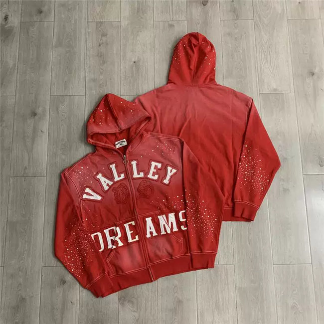 VALEFOREVER Red Valley Dreams Rhinestone Zip Up Hoodie Hover Image