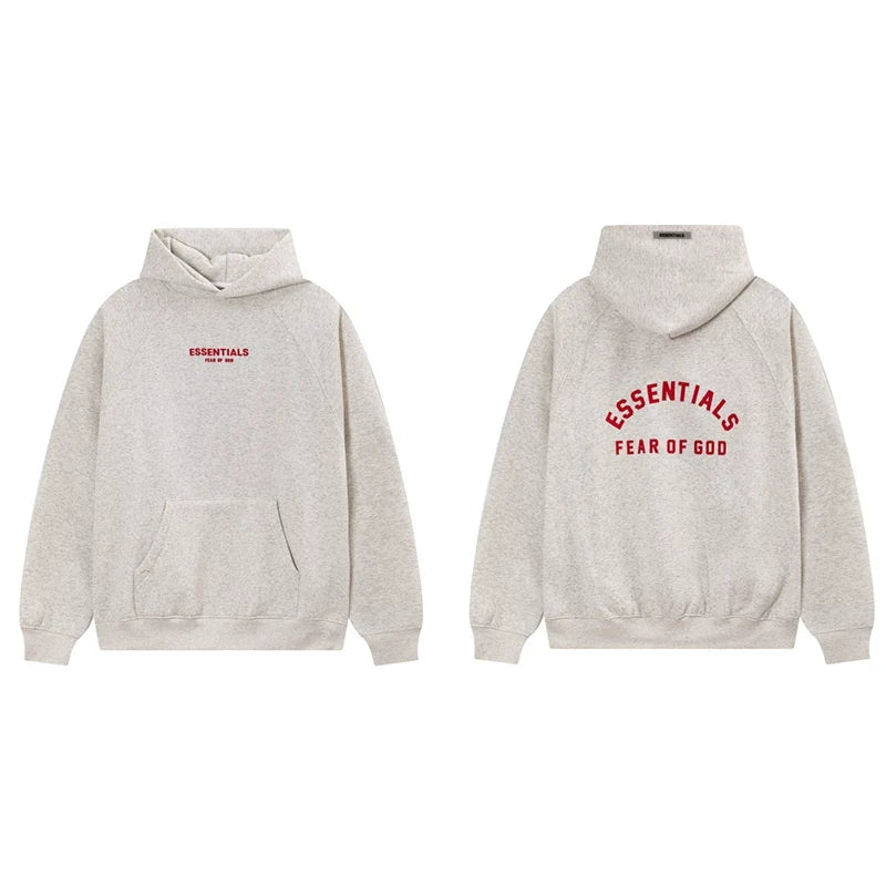 Fog Essentials Oatmeal Cream Fleece‑Lined Oversized Pullover Hoodie Arch Red Logo