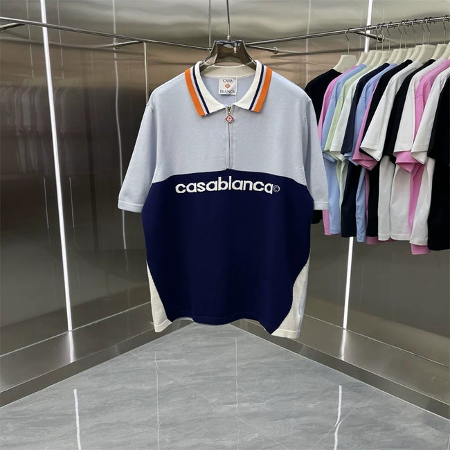 Casablanca Colorblock "Casablanca" Logo Knit Polo Shirt - Grey / Navy Hover Image