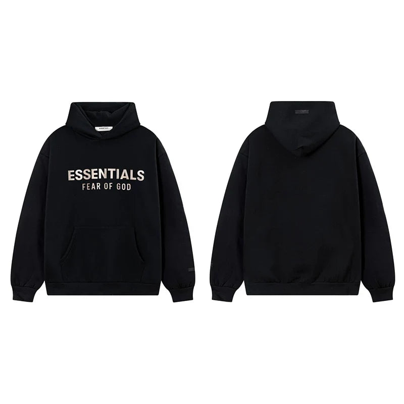 Fog Essentials Black Fleece‑Lined Oversized Pullover Hoodie Metallic Chest Logo