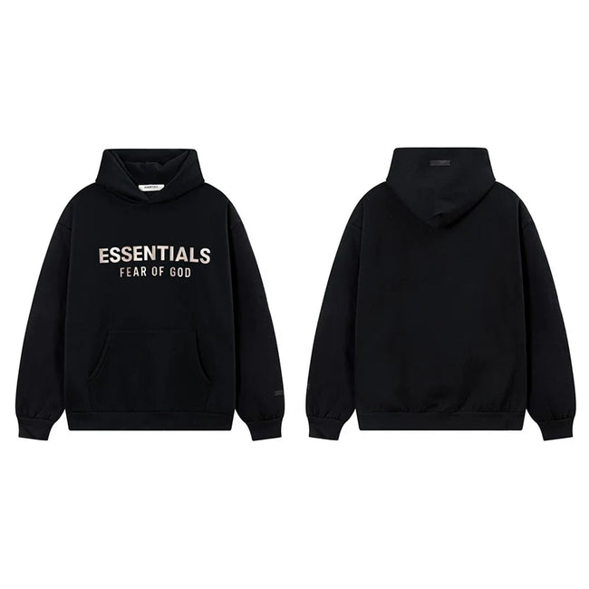 Fog Essentials Black Fleece‑Lined Oversized Pullover Hoodie Metallic Chest Logo Hover Image