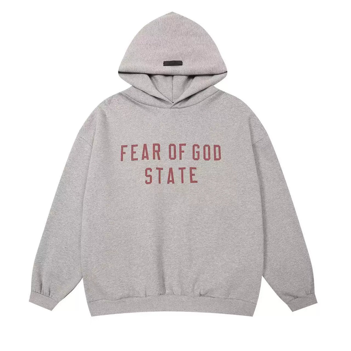 Fog Essentials Light‑Grey Heather Oversized Hoodie Red “FEAR OF GOD STATE” Graphic