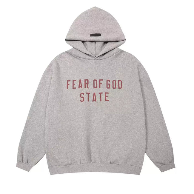 Fog Essentials Light‑Grey Heather Oversized Hoodie Red “FEAR OF GOD STATE” Graphic Hover Image