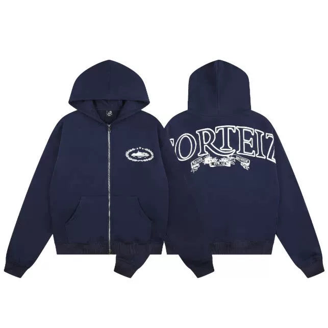 Navy Blue Graphic Zip-Up Hoodie | Streetwear Hoodie with Oversized Back Logo Design Hover Image