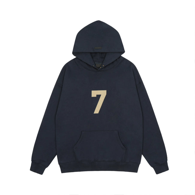Fog Essentials Navy‑Blue Beige Number 7 Varsity‑Style Loose Pullover Hoodie Hover Image